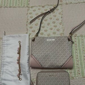 Michael Kors Monogram Crossbody Bag in Beige and Pink